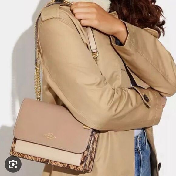 Coach Klare Blush Tan and Snakeskin Leather Crossbody Bag with chain - Picture 1 of 15